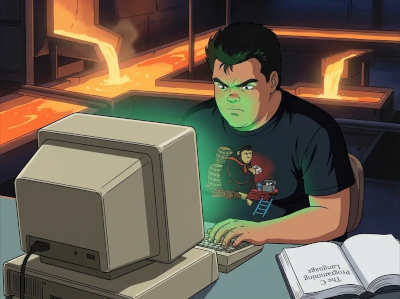 A guy working on an old computer in a foundry for some reason.